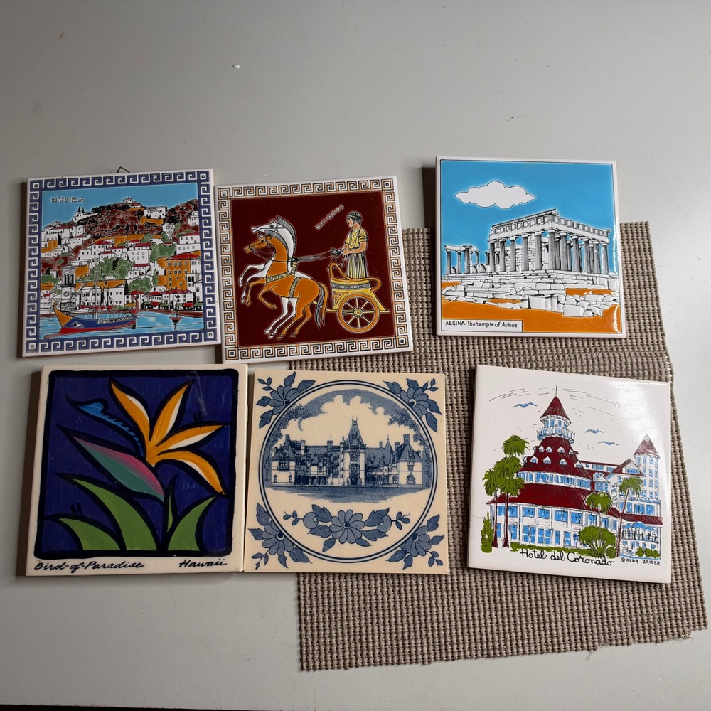 Vintage Souvenir Art Tile Lot 6 Biltmore Estate Hawaii Hotel Del Coronado Greek